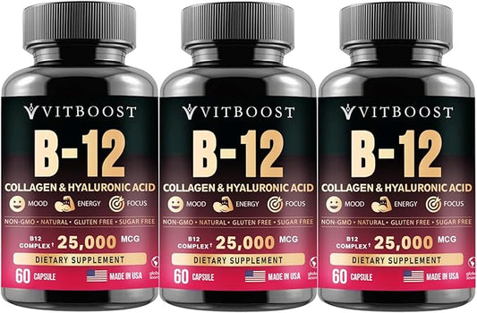 B12 with Hyaluronic Acid, Collagen, and Folate – Methylcobalamin 25,000 mcg B1, B2, B3, B6, B7 Complex for Enhanced Absorption & Energy Boost | Gluten-Free, Made in USA - Pack of 3