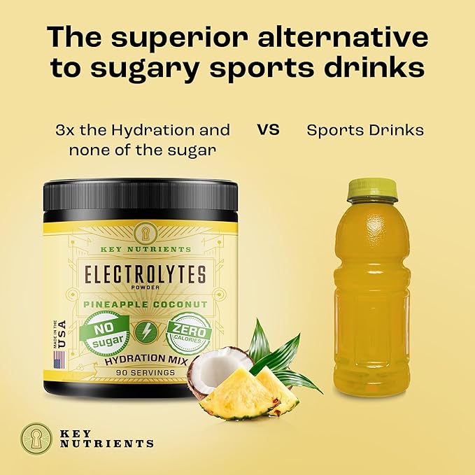 KEY NUTRIENTS Multivitamin Electrolytes Powder No Sugar - Tropical Pineapple Coconut Electrolyte Powder - Endurance & Energy Supplement - Hydration Powder - No Calories - 90 Servings - Made in USA