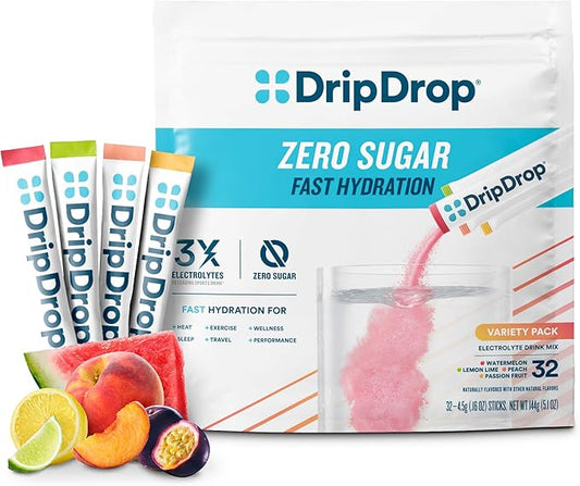 DripDrop Hydration - Zero Sugar Variety Pack - Electrolyte Drink Mix Hydration Powder Packets - Lemon Lime, Watermelon, Peach, Passion Fruit | Non-GMO, Gluten Free, Vegan | 32 Sticks