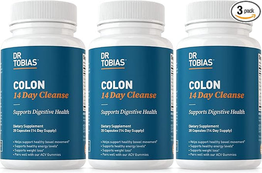 Dr. Tobias Colon 14 Day Cleanse, Advanced Gut Cleanse Detox for Women & Men with Cascara Sagrada, Psyllium Husk, Senna Leaf & Probiotics, Non-GMO Colon Cleanse, 3 Bottles of 28 Capsules (1-2 Daily)