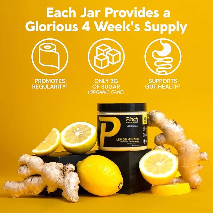 Pinch Magic Fiber | Prebiotic Fiber Supplement for Women & Men | Psyllium Husk Powder for Digestive & Gut Health Support | Keto, Vegan, Low Sugar Fiber Powder | USA-Made | Lemon Ginger, 28-Day Supply