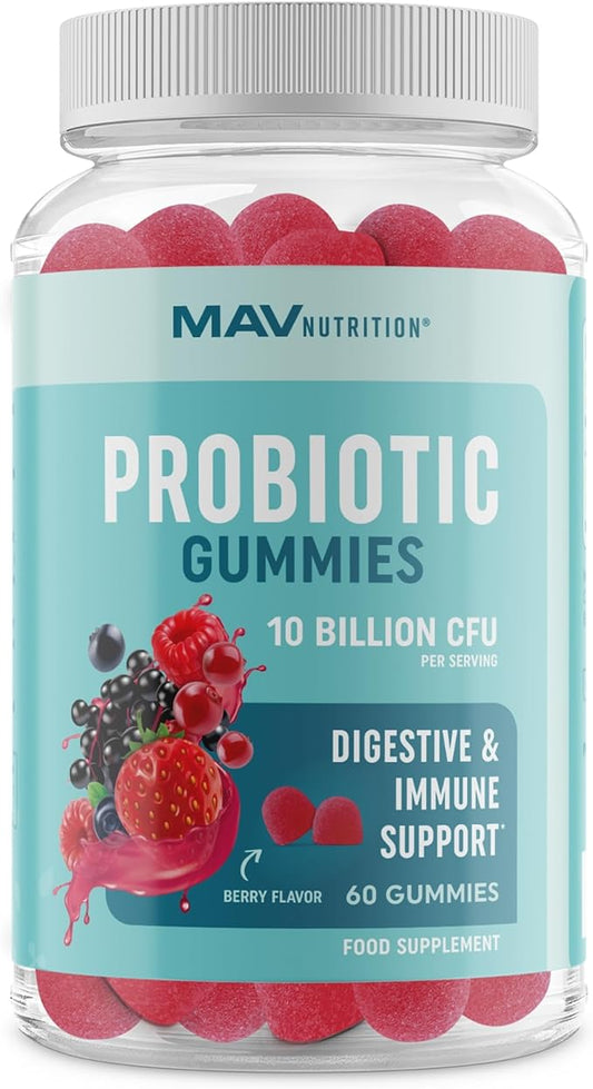 Probiotic Gummies with Vitamin C and Folic Acid | 5 Billion CFU Probiotics | Gut Health, Digestion, & Immune System Support | Gluten-Free, Non-GMO, Berry Flavor | With Organic Fruit Extracts | 60 ct.