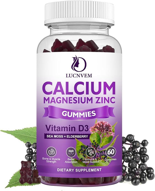 Sugar Free Calcium Magnesium Zinc Gummies with Elderberry and Sea Moss, Calcium Magnesium 2:1, Magnesium Glycinate, Potassium and Vitamin D3 for Bones, Muscles, Calm Mood & Sleep Support, 60 Gummies