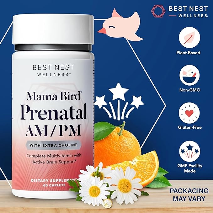 Best Nest Wellness Mama Bird AM/PM Prenatal Multi Plus - Methylated Prenatal Multivitamin Supports Healthy Brain Development - Nutritional Support Supplement for Pregnancy with Choline - 60 Caplets