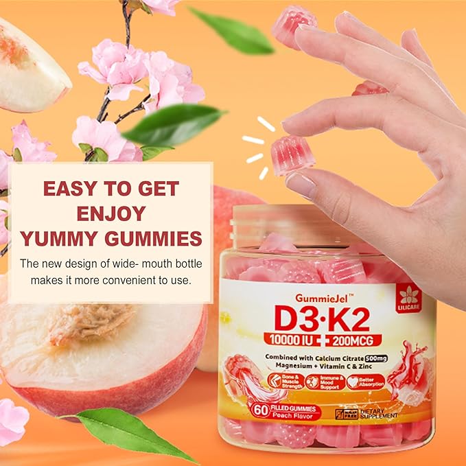 Sugar-Free Vitamin D3 K2 Filled Gummies 5000IU / 10,000 IU with 500mg Calcium + K2 (MK-7) 200mcg, Magnesium Citrate, Vitamin C, Extra Strength - Ultimate Absorption for Bone Muscle Teeth Immune, Vegan