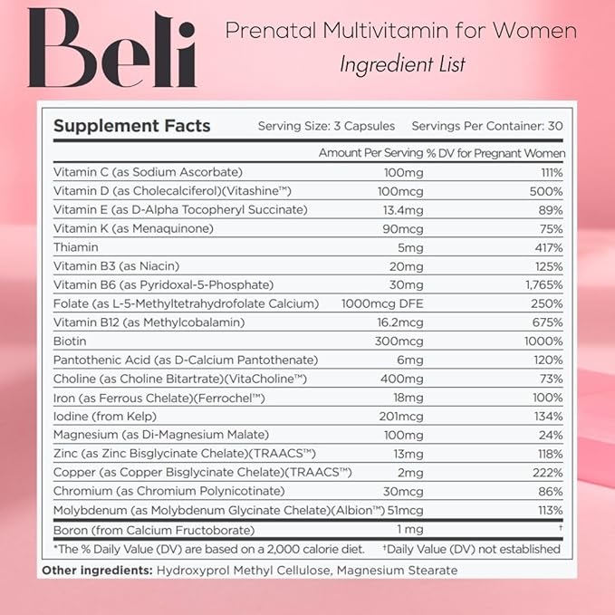 Beli Women Prenatal Multivitamin, for All Stages of Pregnancy, 400mg Choline, Folate, Vitamin D. Supports Egg Quality and Fertility, Gluten & Allergen Free, 90 Vegan Capsules (30-Day Supply)
