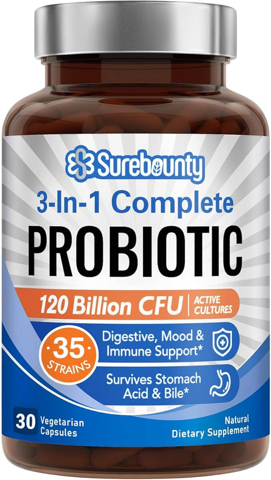 Probiotics 120 Billion CFU, Probiotics for Men & Women, Prebiotics + Digestive Enzymes, Highest Potency, 3-in-1 Complete Probiotic, Digestive Support, 30 Caps