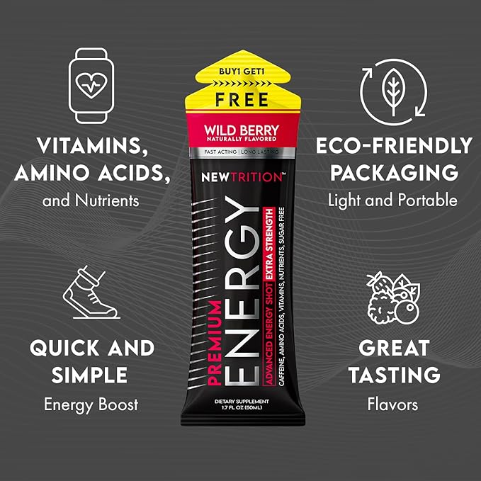 NewTrition Extra Strength Energy Shots, Caffeine Energy Shots with Vitamin B & Amino Acids, Sugar-Free Vitamin Energy Shot, 1.7 fl oz, Mixed Flavors, 12 Count