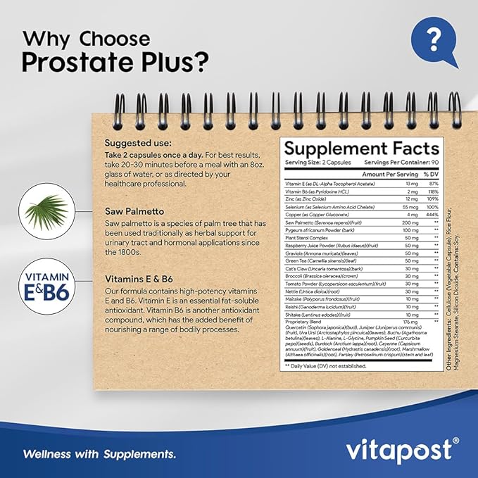 Prostate Plus Natural Prostate Care and Urinary Health Supplement for Men Enriched with Saw Palmetto, Vitamin B6, Vitamin E, Selenium and Zinc. 180 Capsules