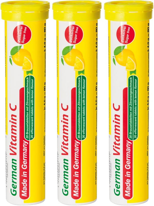 T&D German Vitamin C 180 mg - 60 Vegan Drink Effervescent Tablets - Lemon Lime Flavor - Made in Germany