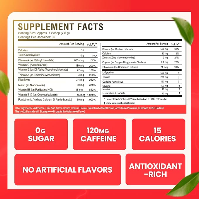 Morning Buzz Energy Drink Powder - Energy Boost Drink Mix - Sugar-Free Energy with Antioxidants - Morning Kickstart and Sports Nutrition Endurance Product - 30 Servings, Watermelon, 8 Ounces