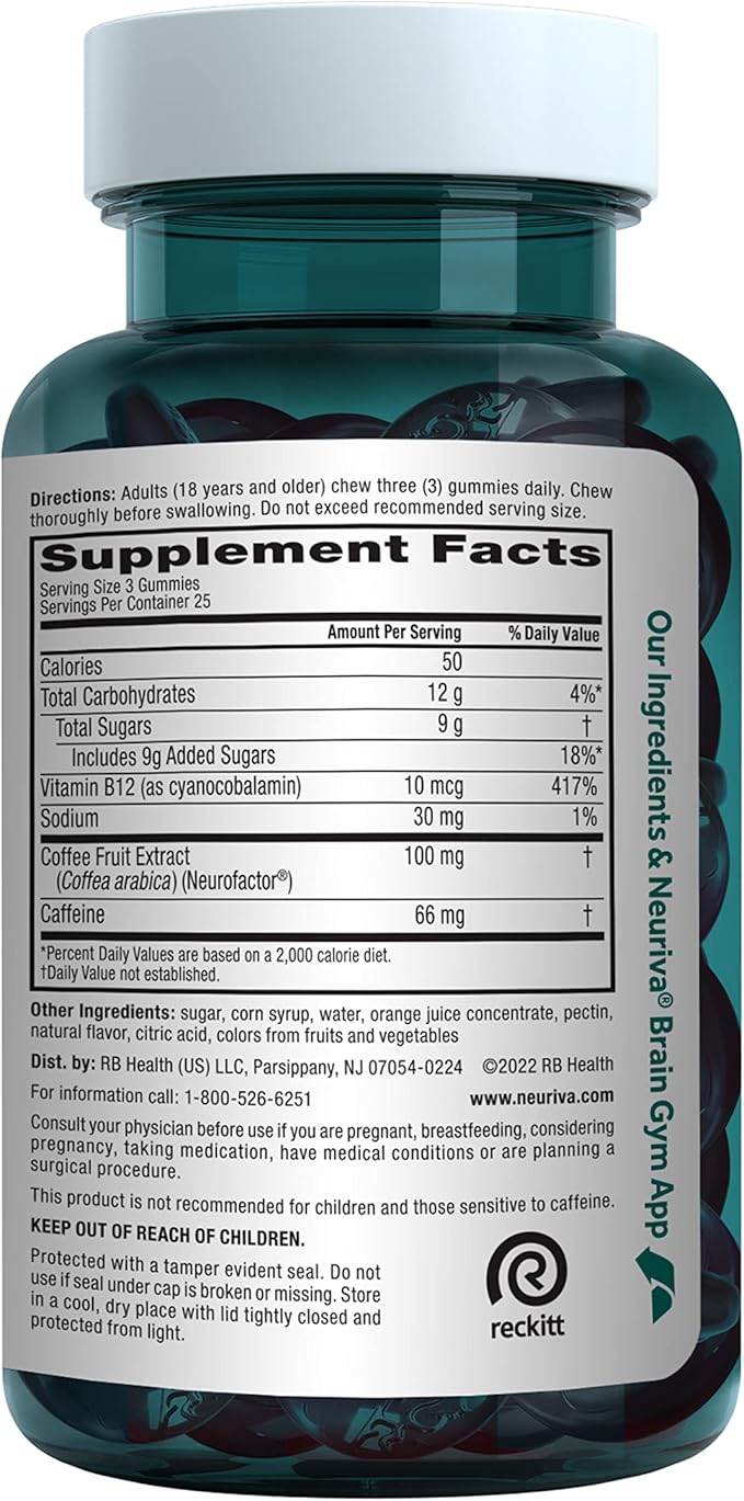 NEURIVA Brain + Energy Gummies, Nootropic Brain Supplements for Focus and Concentration with Neurofactor, Vitamin B12 & Caffeine for an Energy Boost*, 75ct Natural BlackBerry