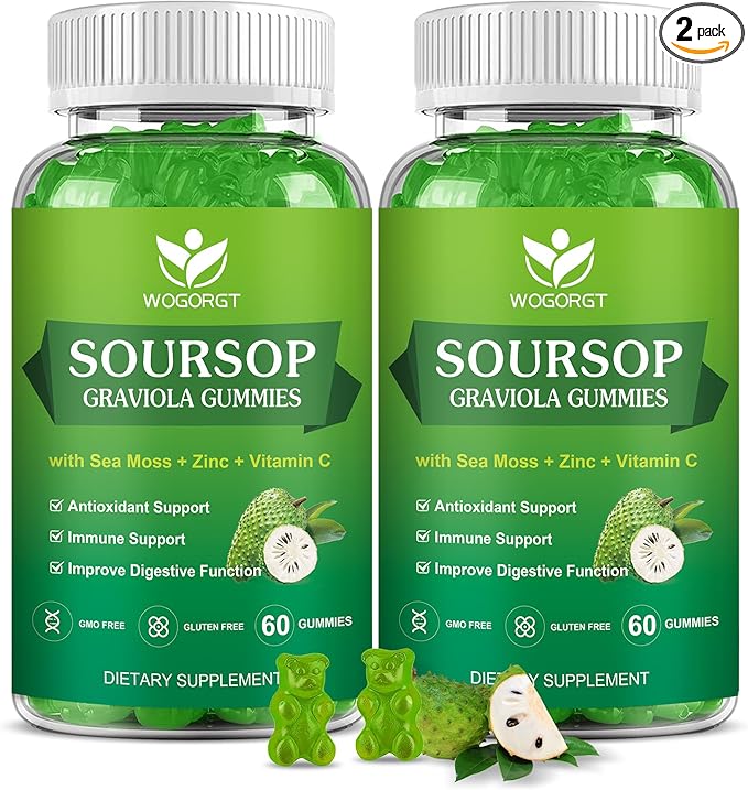 Soursop Graviola Gummies with Sea Moss Extract - Antioxidant, Cell Support & Regeneration, Immune Support, Soursop Leaves Gummies with Sea Moss, Vitamin C & Zinc, Apple Flavor - 60 Gummies(2 Pack)