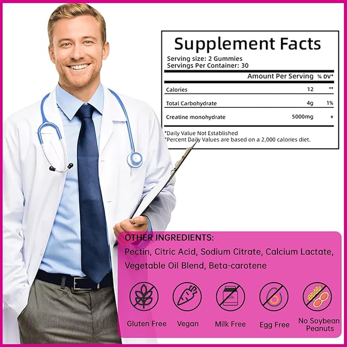 Chewables Creatine Monohydrate for Muscle Strength & Builder, 5000mg Pre-Workout Creatine Monohydrate Gummies for Men & Women, Energy Boost, 60 Count - Strawberry.