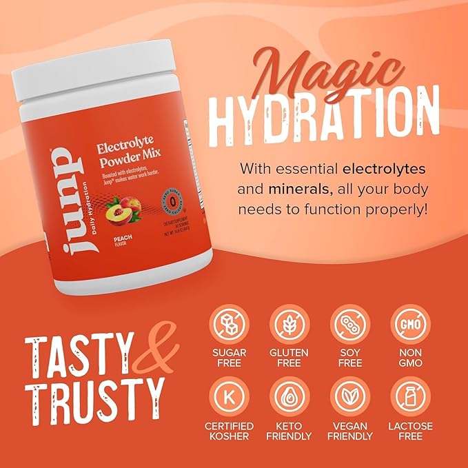 JUNP Electrolytes Powder No Sugar No Carbs – Orchard Fresh Juicy Peach Drink Mix - Potassium & Salt Electrolyte Hydration Powder Zero Calorie Sugar Free Electrolyte Powder, Keto Friendly, 180 Servings