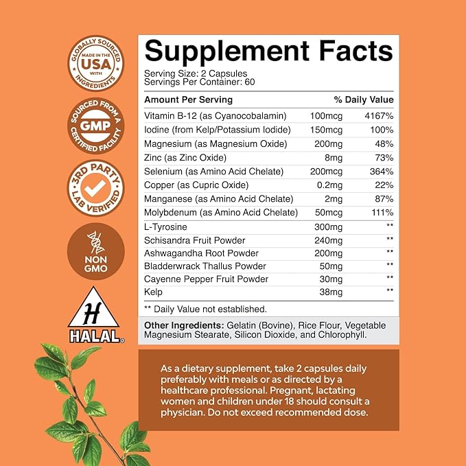 Herbal Thyroid Support Complex - Iodine Thyroid Supplement with L Tyrosine Bladderwrack Kelp Selenium and Ashwagandha - Mood Enhancer Energy Supplement for Thyroid Health - 120 Halal Capsules