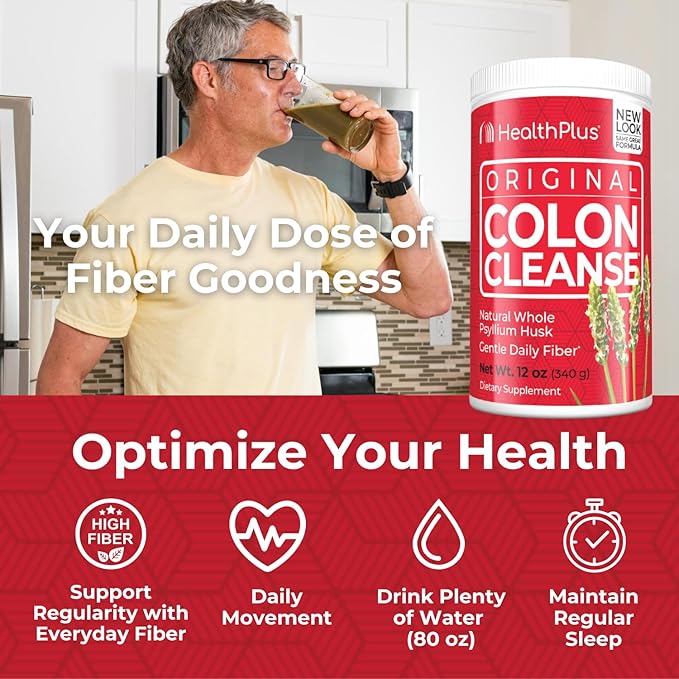 Health Plus Original Colon Cleanse, 12 oz Powder, 48 Servings - Natural Detox, Digestive Constipation Relief, Daily Fiber, Contains Psyllium Husk