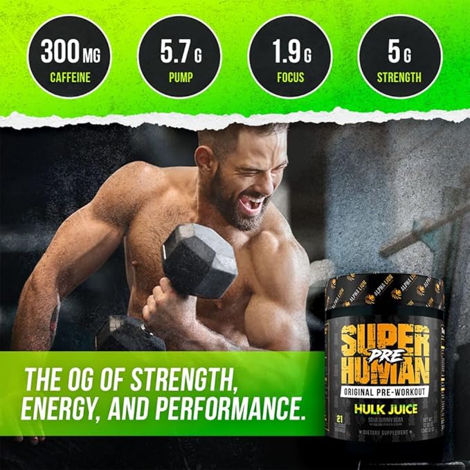 Alpha Lion Superhuman Pre Workout Powder, Beta Alanine, L-Taurine & Tri-Source Caffeine for Sustained Energy & Focus, Nitric Oxide & Citrulline for Pump (21 Servings, Green Gummy Bear Flavor)
