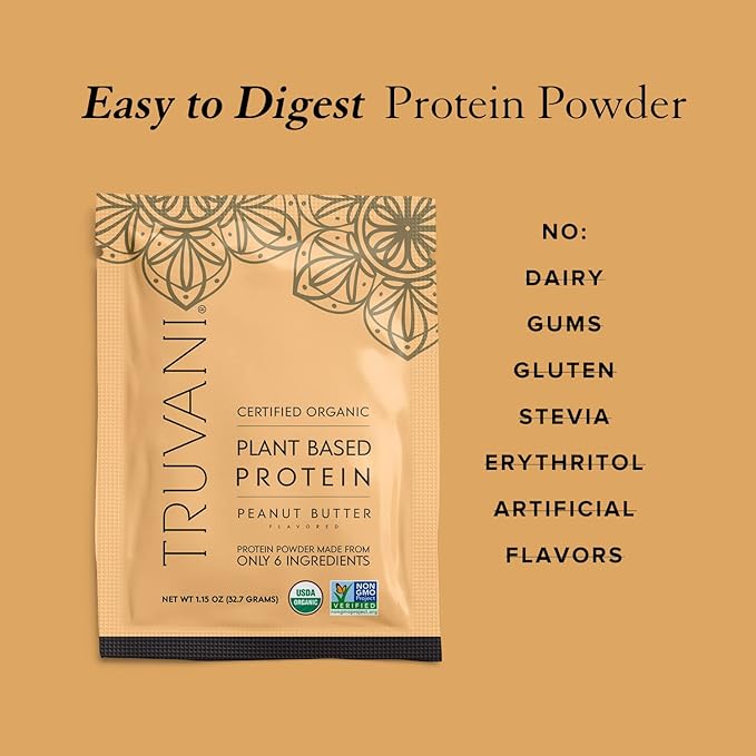Truvani Vegan Pea Protein Powder | Peanut Butter | 20g Organic Plant Based Protein | 1 Serving | Keto | Gluten & Dairy Free | Low Carb | No Added Sugar