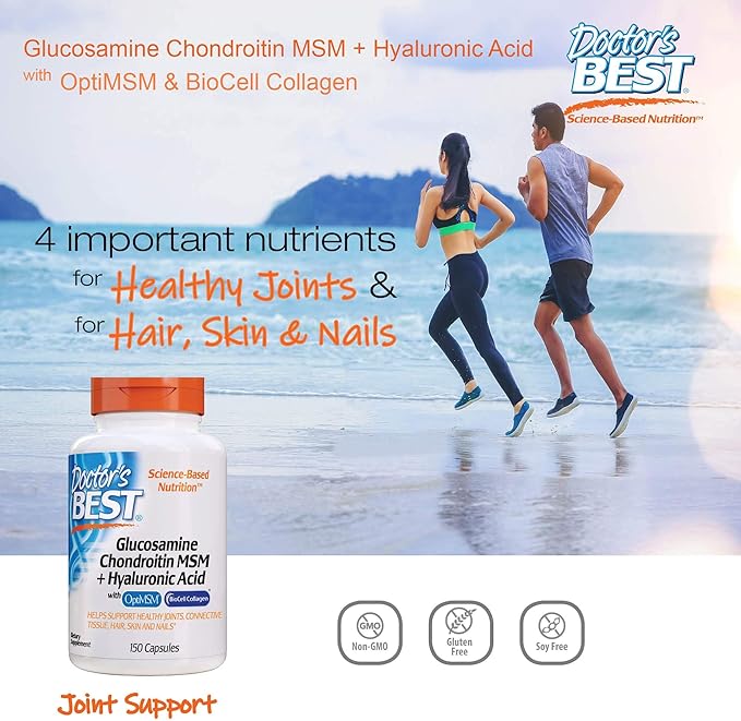 Doctor's Best Glucosamine Chondroitin MSM + Hyaluronic Acid with OptiMSM Featuring Biocell Collagen, Joint Support, Non-GMO, Gluten & Soy Free, 150 Caps