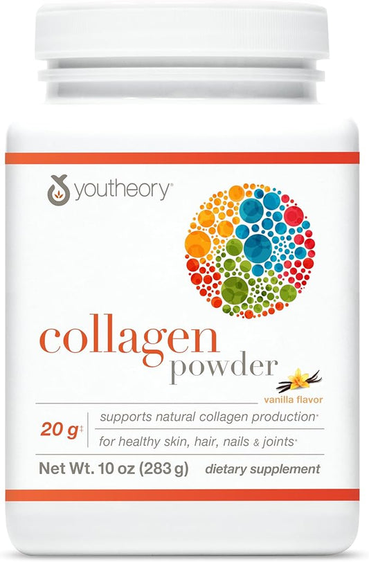 Youtheory Collagen Powder - Premium Collagen Supplement with Vitamin C & Biotin - Supports Healthy Hair, Nails, Skin & Joints* - Dairy, Soy & Gluten Free - Vanilla, 10 oz