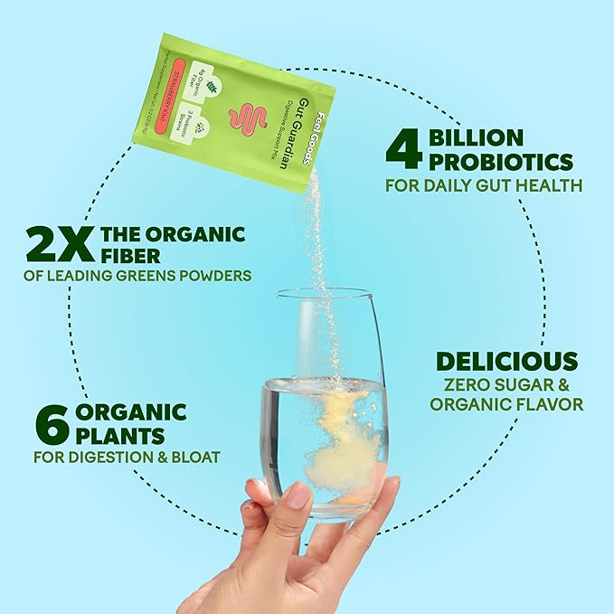Feel Goods Gut Guardian, Prebiotic & Probiotic Powder, Organic Fiber, Sugar Free, Herbs for Bloat, Gut Health Support, Digestive Health for Men & Women, Non GMO, Vegan | Watermelon Mint, 15 Count