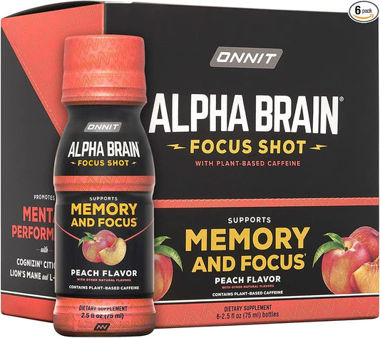ONNIT Alpha Brain Focus Energy Shot Supplement - Energy, Focus, Mood, Stress, Brain Booster Drink - Peach (2.5 fl oz, 6 ct)