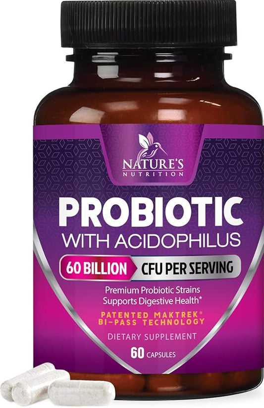 Probiotics 60 Billion CFU per Serving - 10 Strains + Prebiotics - Immune, Digestive & Gut Health Support, Supports Occasional Constipation, Gas & Bloating for Women & Men, Shelf Stable - 60 Capsules