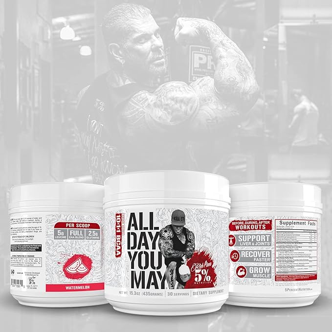 5% Nutrition Rich Piana AllDayYouMay BCAA Powder | Premium Intra & Post Workout Amino Acids, Hydration, Endurance, Muscle Recovery, Joint & Liver Support | 15.3 oz, 30 Servings (Watermelon)