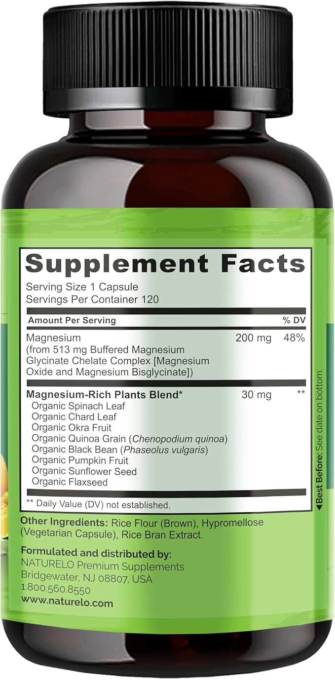 NATURELO Magnesium Glycinate Chelate Complex - 200 mg Magnesium with Organic Vegetables to Support Sleep, Calm, Muscle Cramp & Stress Relief – Gluten Free, Non GMO - 120 Capsules