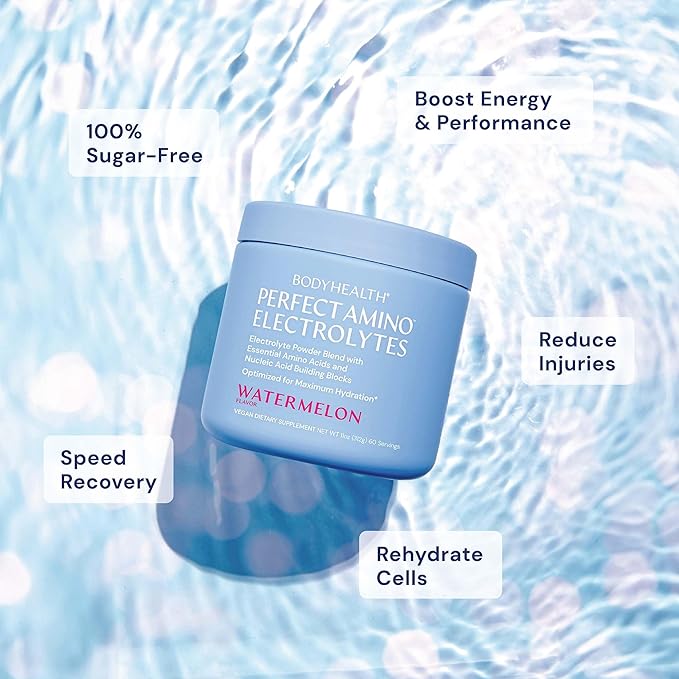 BodyHealth PerfectAmino Electrolytes Powder, Hydration Powder, Sugar Free Keto Electrolyte Drink Mix, Non GMO, Watermelon Flavor (30 Servings)