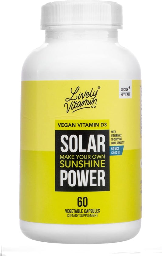 LIVELY VITAMIN CO. Solar Power Vitamin D3 2000 iu - Patented Vitamin K - MK7 - Immune Balance - Brain Function - Mood - Heart - Stress - 60 Count