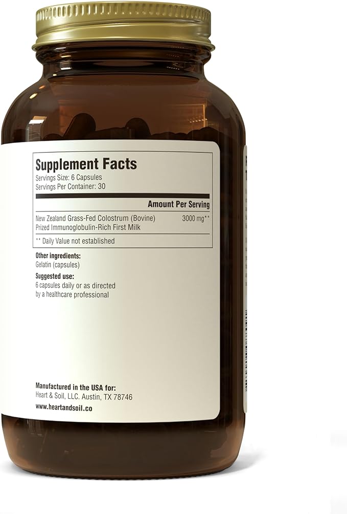 HEART & SOIL Grass-Fed Colostrum – Dietary Supplement for Skin Health & Exercise Recovery-Non-GMO, Allergen-Free Colostrum Supplement for Immune Support, Gut Health, & More - 180 Capsules
