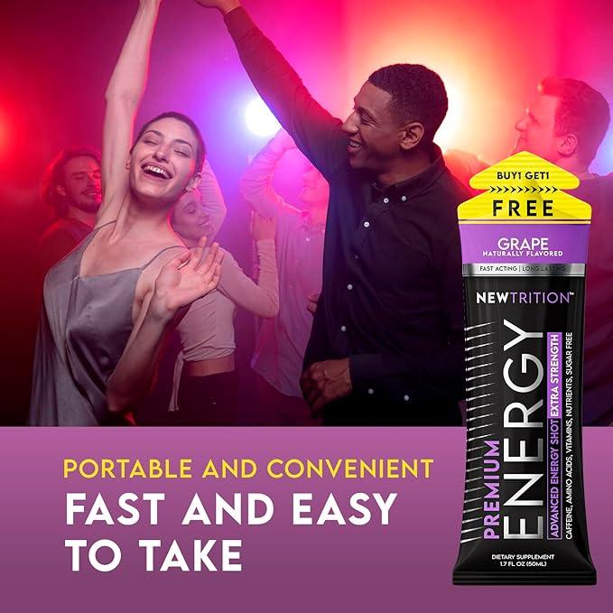 Extra Strength Energy Shots Packets, Caffeine Energy Shots with Vitamin B & Amino Acids, Sugar-Free Vitamin Energy Shot, 1.7 fl oz, Grape, 24 Count