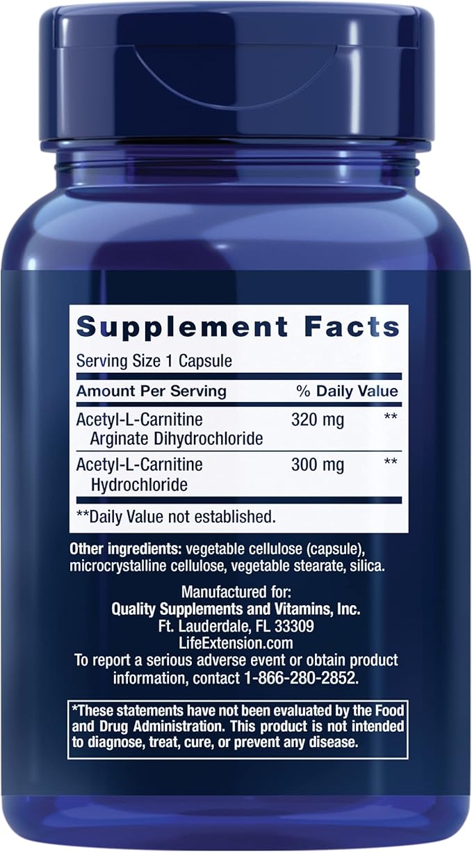 Life Extension Acetyl-L-Carnitine Arginate, Advanced Brain & Nerve Health, Cellular Energy Support, Gluten-Free, Non-GMO, 90 Capsules