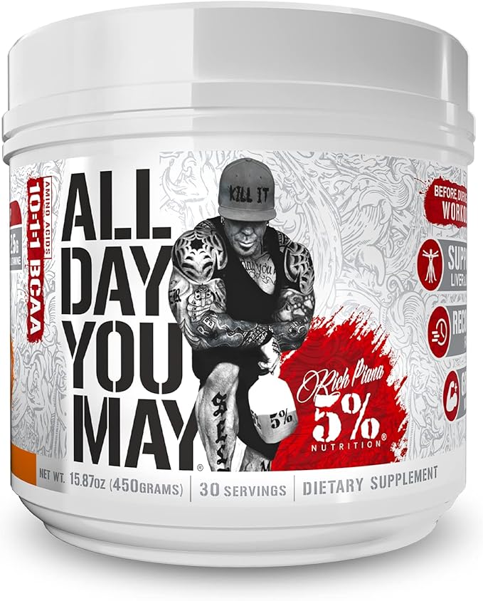 5% Nutrition Rich Piana AllDayYouMay BCAA Powder | Premium Intra & Post Workout Amino Acids, Hydration, Endurance, Muscle Recovery, Joint & Liver Support | 15.87 oz, 30 Servings (Push Pop)