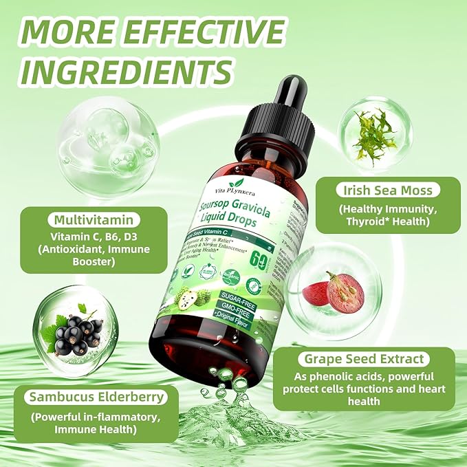 Soursop Graviola Liquid Drops, Soursop Extract Multivitamin Drops w. Sea Moss, Grape Seed, Super Concentrated Unrefined Soursop Oil Organic for Skin Immune Boost Detox, Soursop Bitters Liquid 2 Fl/Oz