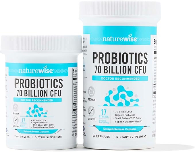 NatureWise Probiotics 70 Billion CFU - 17 Strains + Organic Prebiotics - Immune, Digestive & Gut Health Support for Women & Men - Vegetarian, Gluten-Free, Non-GMO - 30 Capsules[1-Month Supply]