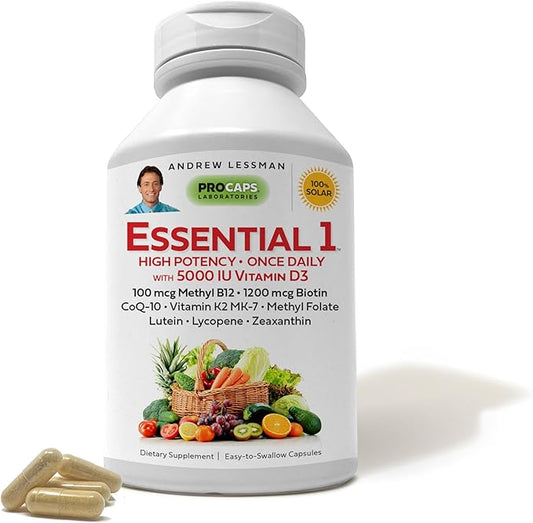 ANDREW LESSMAN Essential-1 Multivitamin 5000 IU Vitamin D3 60 Small Capsules – 100 mcg Methyl B12. CoQ10 Lutein Lycopene Zeaxanthin. High Potency. No Additives. Gentle Ultra-Mild. One Daily Capsule