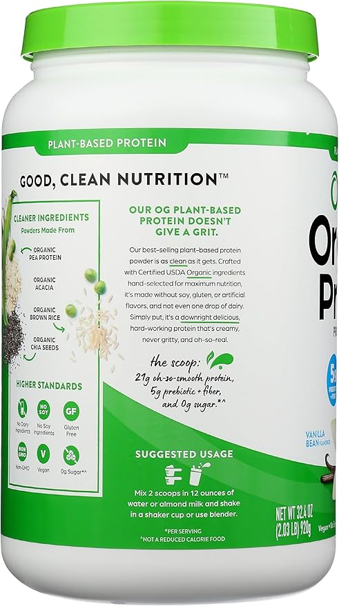 Orgain Organic Vegan Protein Powder, Vanilla Bean - 21g Plant Protein, 6g Prebiotic Fiber, No Lactose Ingredients, No Added Sugar, Non-GMO, For Shakes & Smoothies, 2.03 lb (Packaging May Vary)