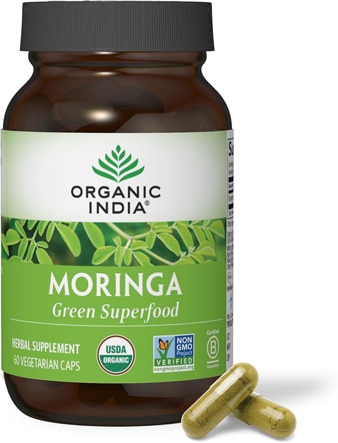ORGANIC INDIA Moringa Capsules Organic - Moringa Supplement - Green Superfood, Moringa Leaf Capsules, Pure Supergreen, Vegan Greens, Nature's Multivitamin, Vegan, Gluten-Free - 60 Capsules