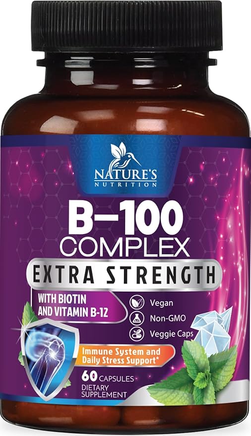 Vitamin B Complex Capsules with Vitamins B1 B2 B3 B6 B12 B100 C Biotin Folate & Folic Acid - Supplement for Energy, Brain, & Immune Support - Super B Vitamin Complex for Women & Men - 60 Vegan Pills