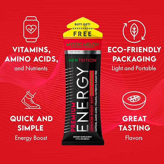 Extra Strength Energy Shots, Caffeine Energy Shots with Vitamin B & Amino Acids, Sugar-Free Vitamin Energy Shot Packets, 1.7 fl oz, Mystic Melon, 24 Count