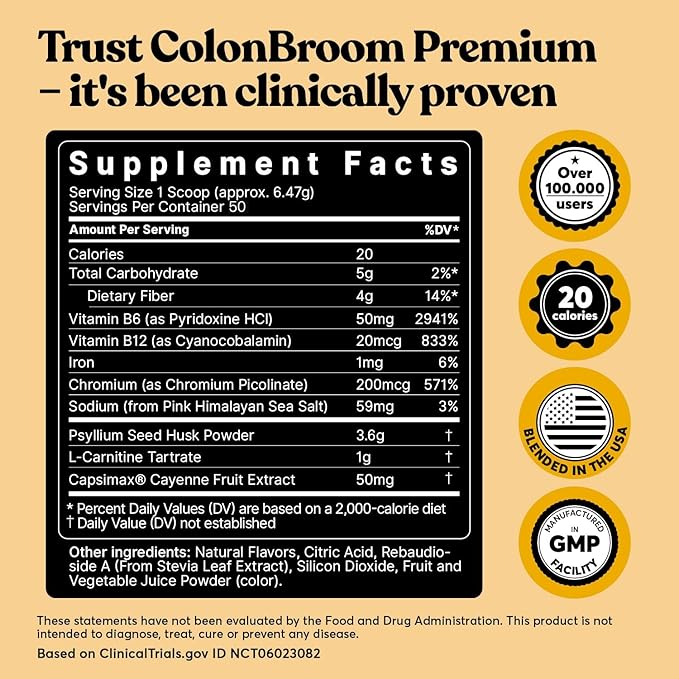 ColonBroom Premium Weight Management Supplement (Strawberry) - Colon Broom Psyllium Husk Fiber Powder Drink - Gluten Free, Non-GMO Colon Cleanse for Bloating Relief & Gut Health, 50 Servings