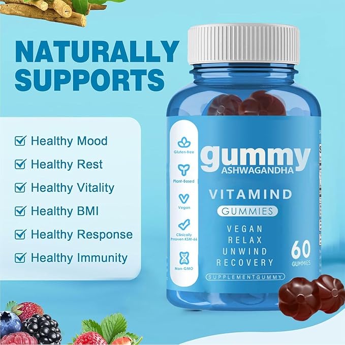 Ashwagandha Gummies-Ashwagandha Vitamin D Gummy Vitamins Supplements - Mixed Berry, KSM-66-60 Count
