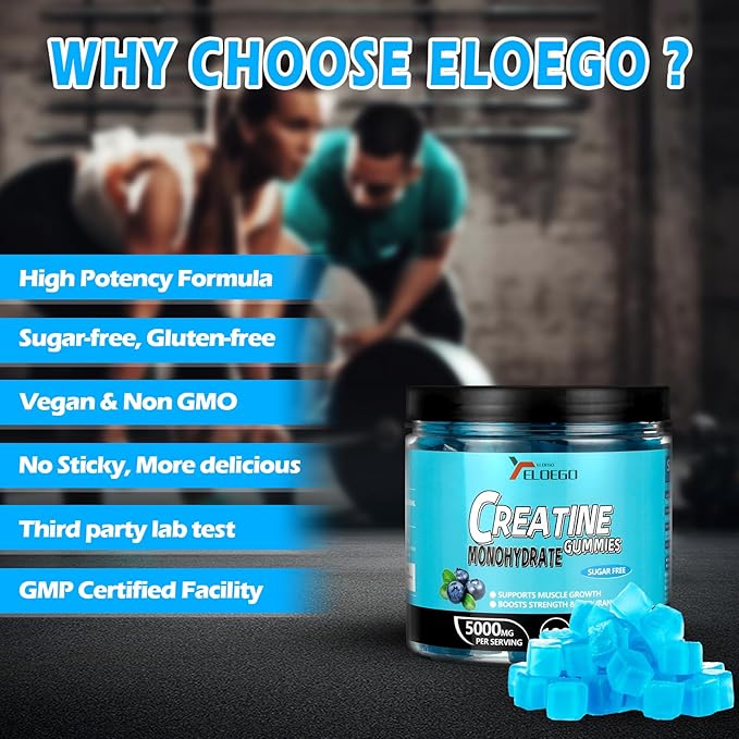Creatine Monohydrate Gummies 5000mg Sugar Free for Men & Women, with L-Taurine + Vitamin B12 for Muscle Strength, Muscle Builder, Energy Boost, Pre-Workout Supplement Gummy, Blueberry-120 Count