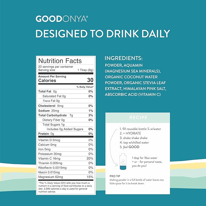 GOODONYA Organic Hydration Electrolyte Powder | Lemon, Coconut Water, Magnesium, Himalayan Pink Salt | Only 1g Sugar, No Artificial Flavors | USDA Organic & Plant-Based | 20 Servings