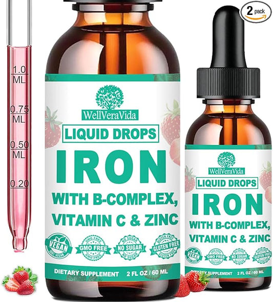 [𝟐 𝐏𝐚𝐜𝐤]Iron supplement for Women, Men & Kids, Liquid High Potency Iron w. Vitamin C, B12, B-Complex, Blood Builder Iron Supplements for Anemia, Fatigue, Red Blood Cell Support, Vegan, Gentle