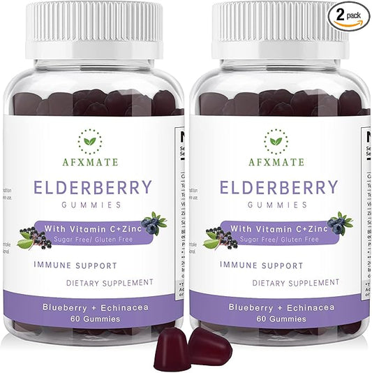 AFXMATE Sambucus Elderberry Gummies, Black Elderberry Gummy with Zinc and Vitamin C for Adults, Sugar Free Kids Multivitamin Gummies, Immune Support* Supplement, 120 Gummies (2 Pack)