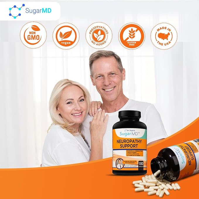 SugarMD Neuropathy Support Supplement – 180 Nerve Supplement Capsules with Alpha Lipoic Acid, Benfotiamine & Vitamin D3 B6 B12 - Nerve Support Supplement for Feet Hands Fingers & Legs - 90 Day Supply
